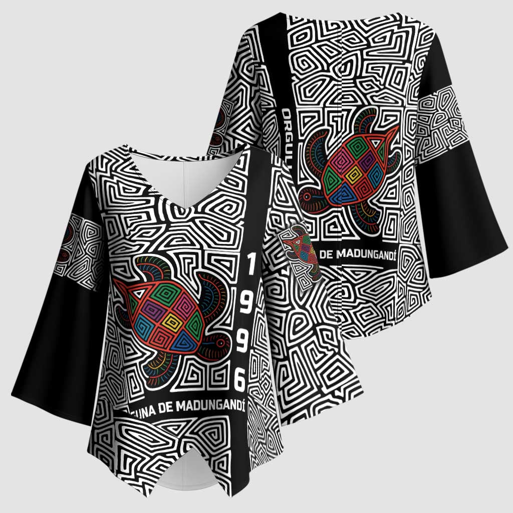 Indigenous Regions of Panama Guna de Madungandí Kimono Sleeve Blouse with Colorful Turtle and Black White Geometric Pattern - Wonder Print Shop