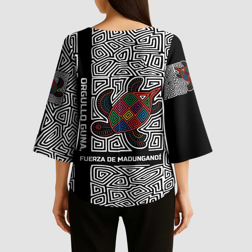 Indigenous Regions of Panama Guna de Madungandí Kimono Sleeve Blouse with Colorful Turtle and Black White Geometric Pattern - Wonder Print Shop