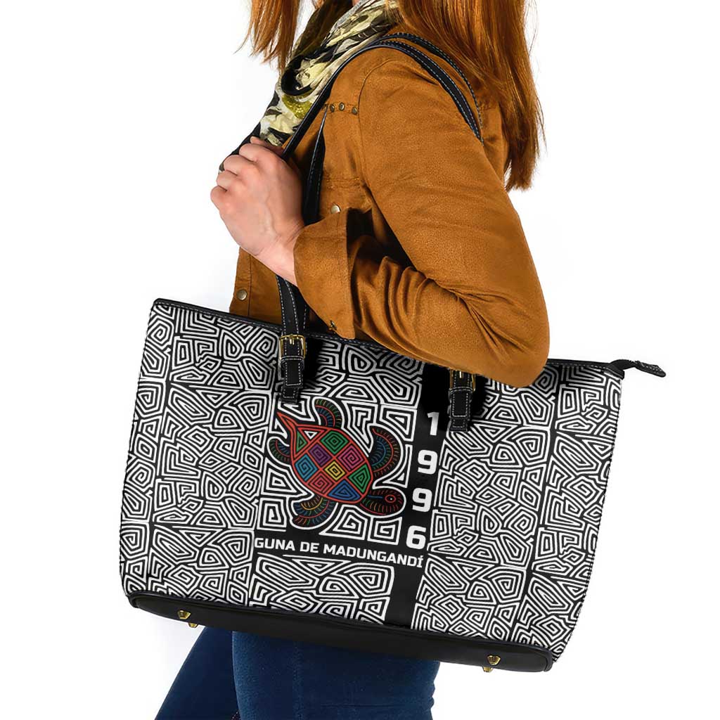 Indigenous Regions of Panama Guna de Madungandí Leather Tote Bag with Colorful Turtle and Black White Geometric Pattern - Wonder Print Shop