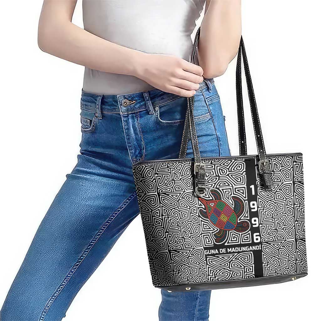 Indigenous Regions of Panama Guna de Madungandí Leather Tote Bag with Colorful Turtle and Black White Geometric Pattern - Wonder Print Shop