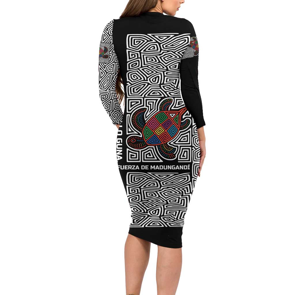 Indigenous Regions of Panama Guna de Madungandí Long Sleeve Bodycon Dress with Colorful Turtle and Black White Geometric Pattern - Wonder Print Shop