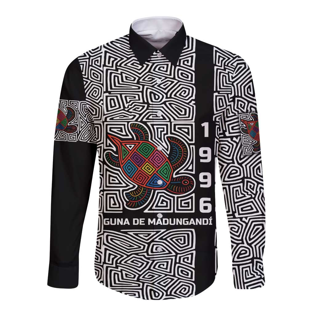 Indigenous Regions of Panama Guna de Madungandí Long Sleeve Button Shirt with Colorful Turtle and Black White Geometric Pattern - Wonder Print Shop