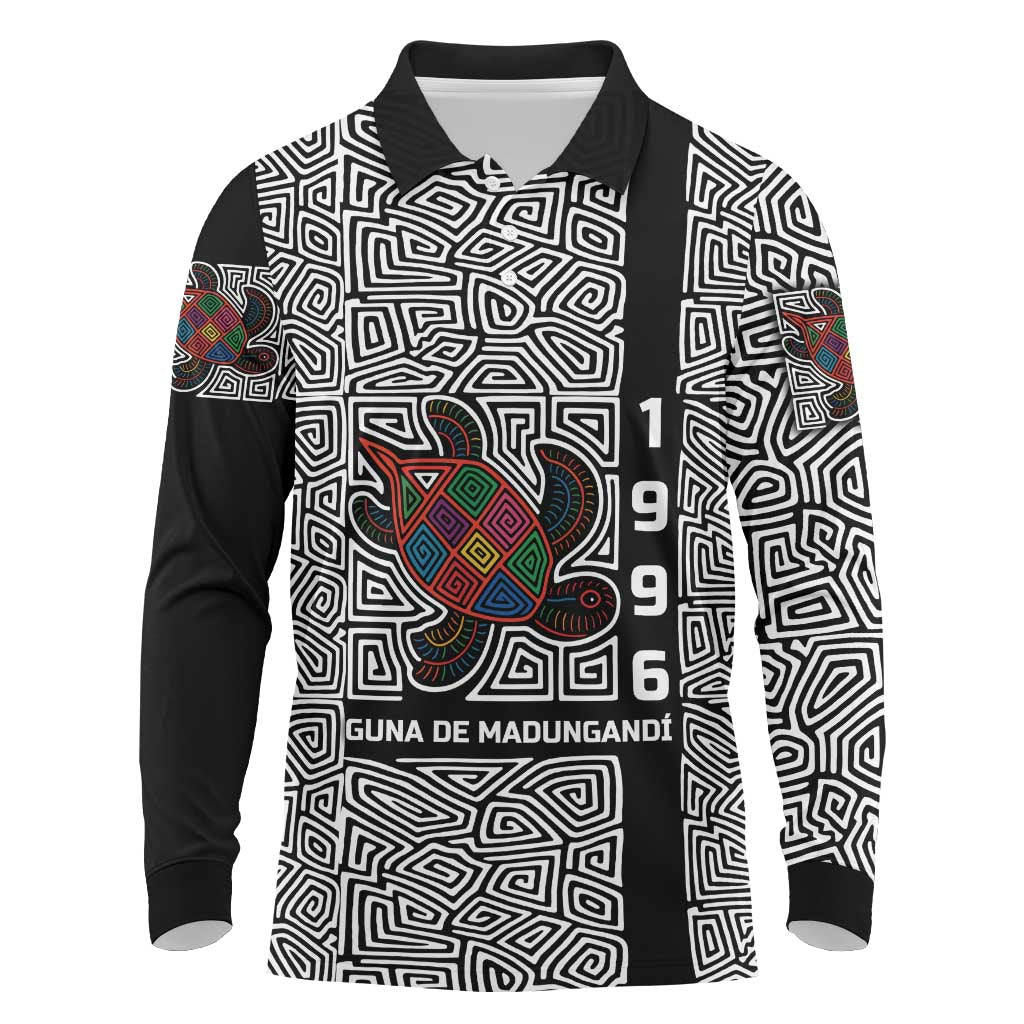 Indigenous Regions of Panama Guna de Madungandí Long Sleeve Polo Shirt with Colorful Turtle and Black White Geometric Pattern - Wonder Print Shop