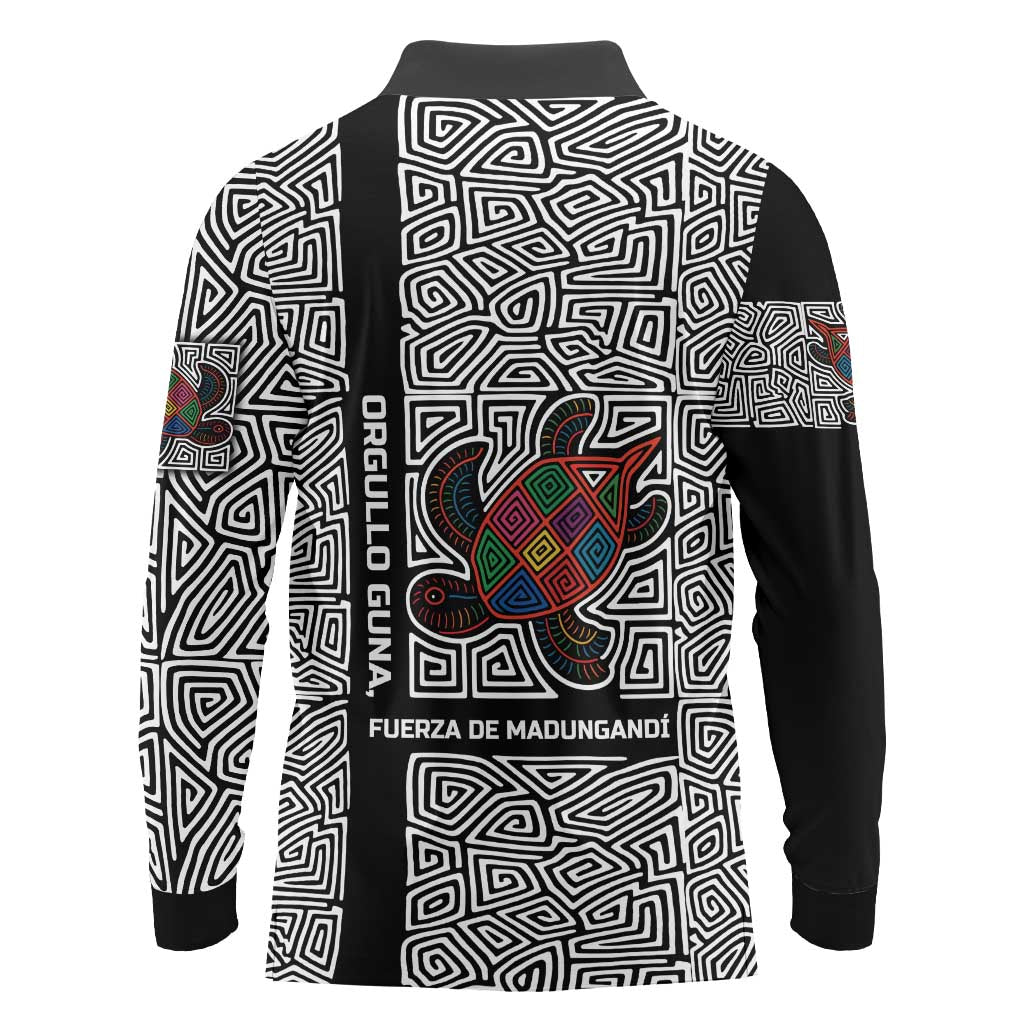 Indigenous Regions of Panama Guna de Madungandí Long Sleeve Polo Shirt with Colorful Turtle and Black White Geometric Pattern - Wonder Print Shop