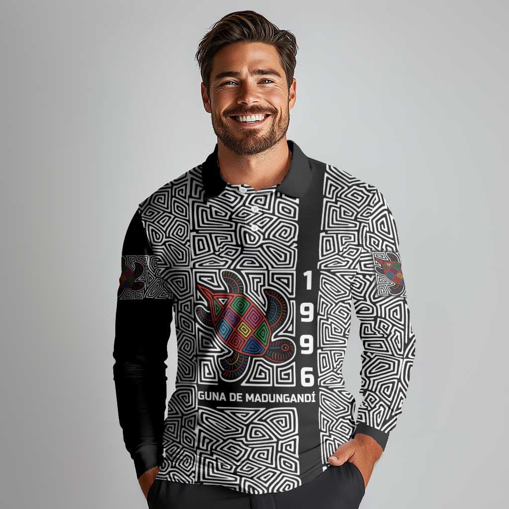 Indigenous Regions of Panama Guna de Madungandí Long Sleeve Polo Shirt with Colorful Turtle and Black White Geometric Pattern - Wonder Print Shop