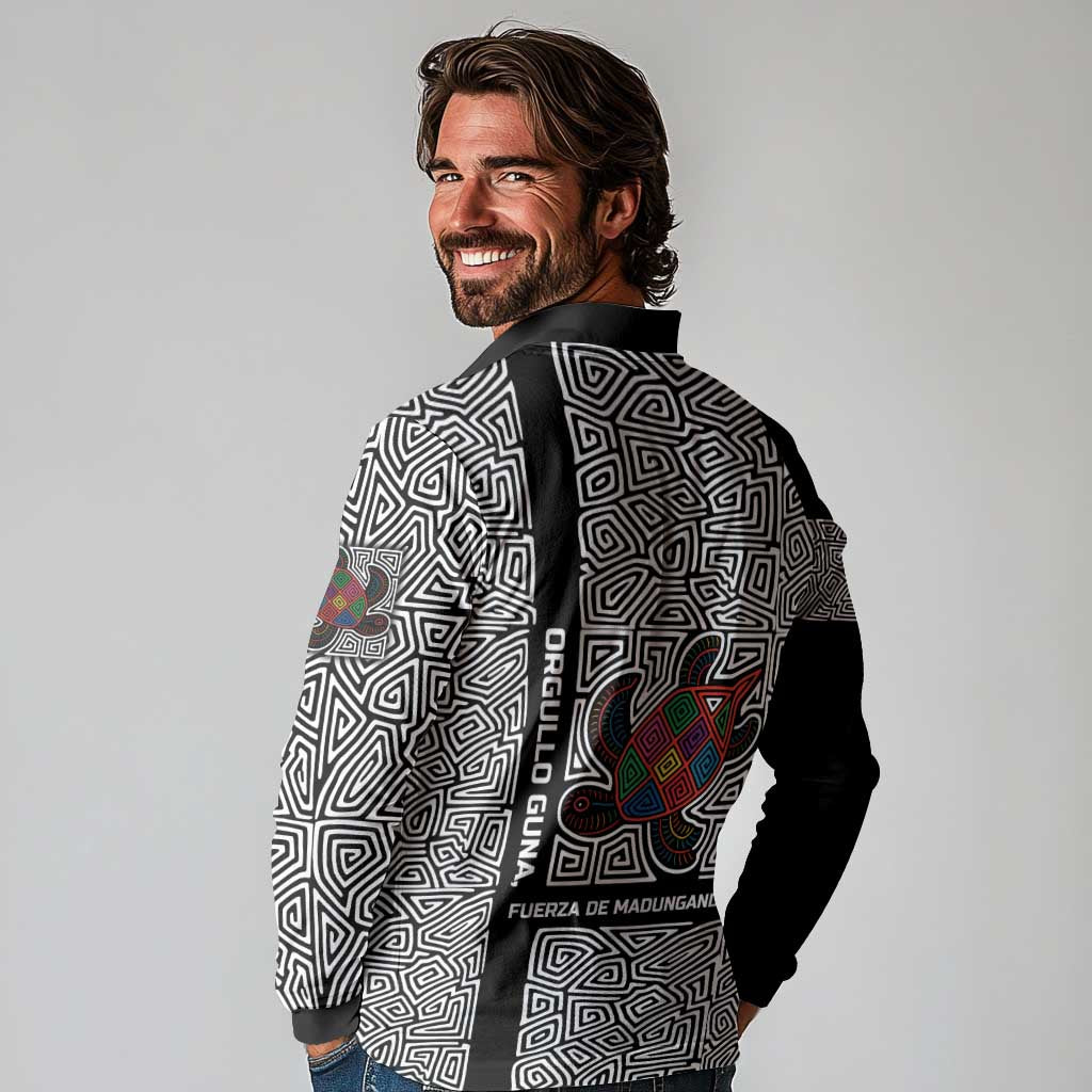 Indigenous Regions of Panama Guna de Madungandí Long Sleeve Polo Shirt with Colorful Turtle and Black White Geometric Pattern - Wonder Print Shop
