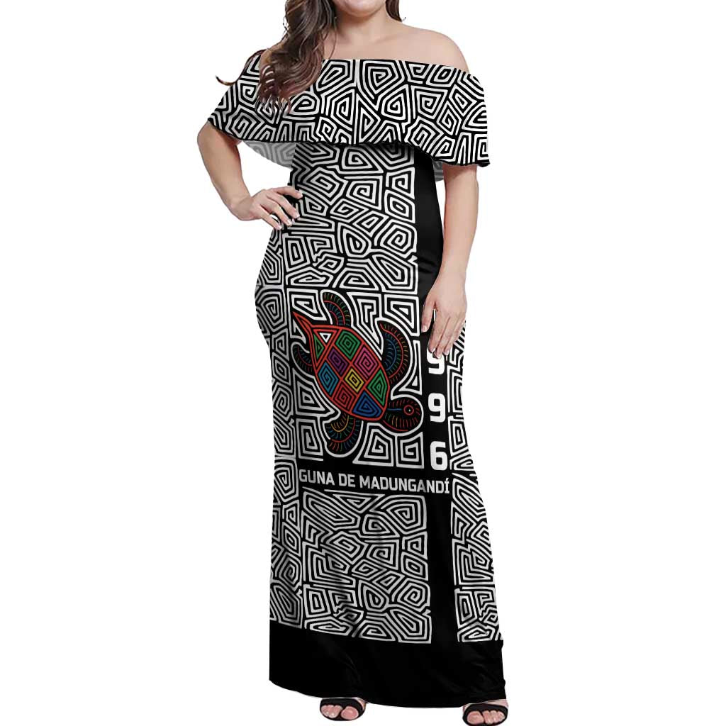 Indigenous Regions of Panama Guna de Madungandí Off Shoulder Maxi Dress with Colorful Turtle and Black White Geometric Pattern - Wonder Print Shop
