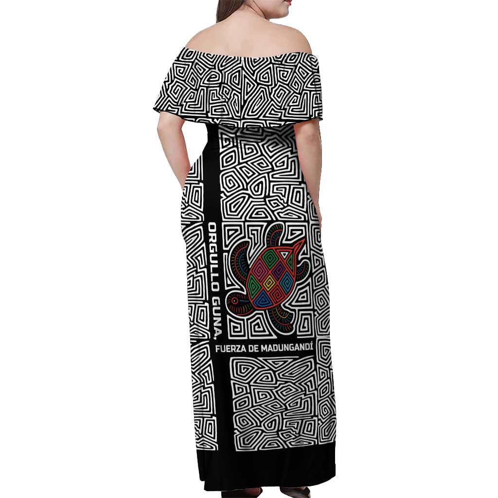 Indigenous Regions of Panama Guna de Madungandí Off Shoulder Maxi Dress with Colorful Turtle and Black White Geometric Pattern - Wonder Print Shop