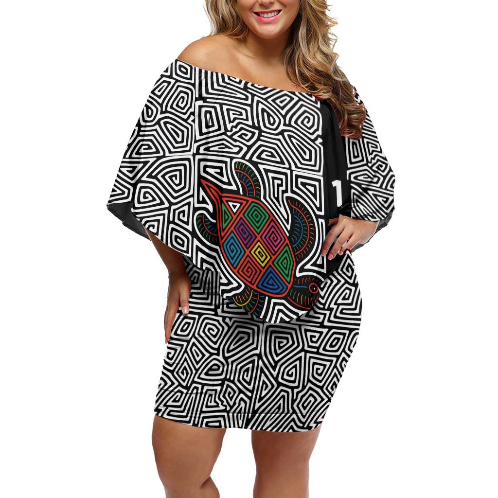 Indigenous Regions of Panama Guna de Madungandí Off Shoulder Short Dress with Colorful Turtle and Black White Geometric Pattern - Wonder Print Shop