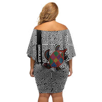 Indigenous Regions of Panama Guna de Madungandí Off Shoulder Short Dress with Colorful Turtle and Black White Geometric Pattern - Wonder Print Shop
