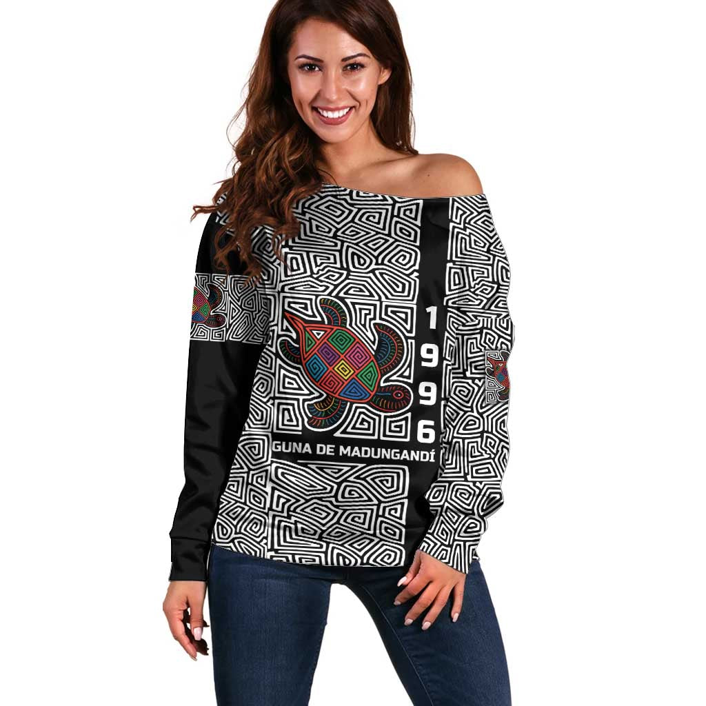 Indigenous Regions of Panama Guna de Madungandí Off Shoulder Sweater with Colorful Turtle and Black White Geometric Pattern - Wonder Print Shop