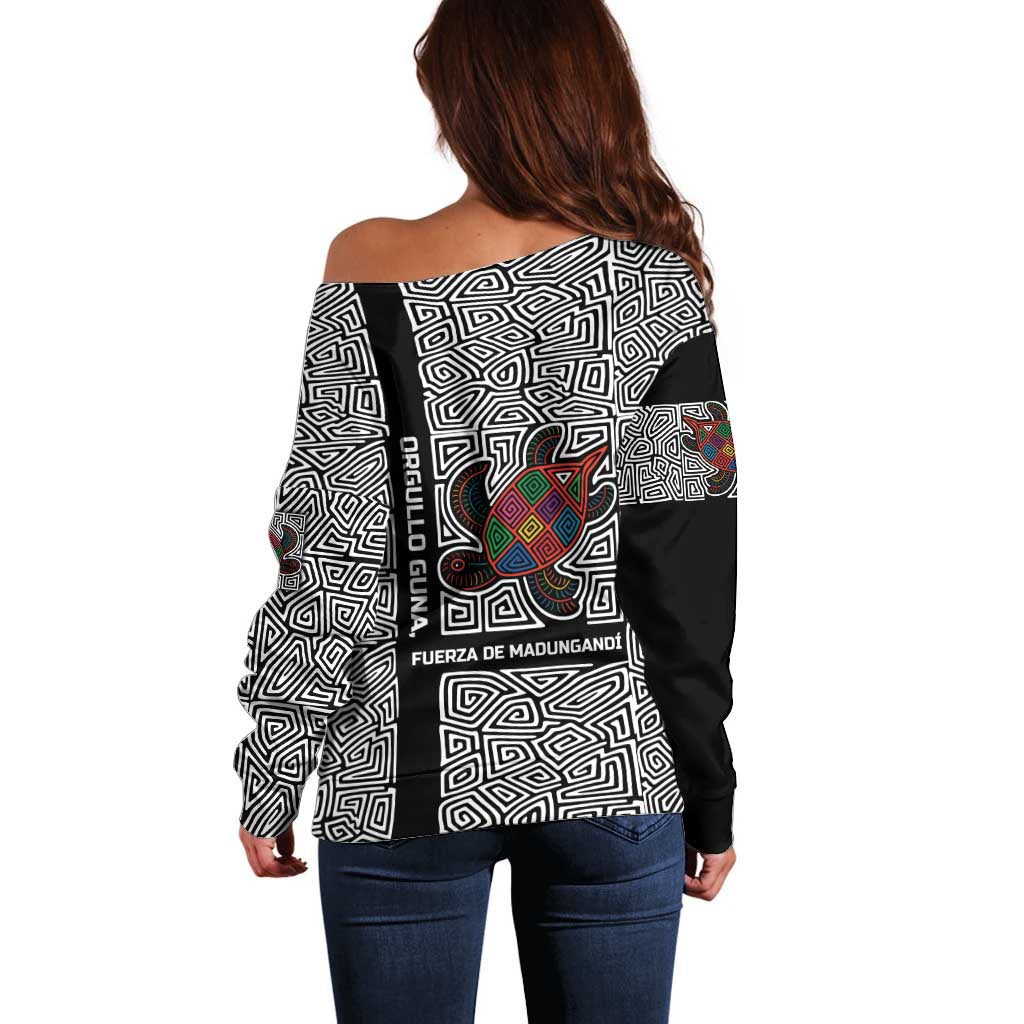 Indigenous Regions of Panama Guna de Madungandí Off Shoulder Sweater with Colorful Turtle and Black White Geometric Pattern - Wonder Print Shop