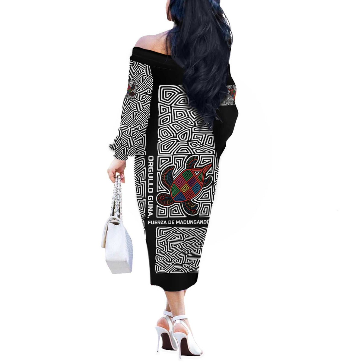 Indigenous Regions of Panama Guna de Madungandí Off The Shoulder Long Sleeve Dress with Colorful Turtle and Black White Geometric Pattern - Wonder Print Shop