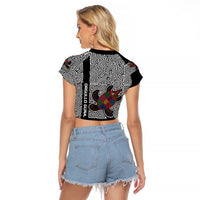 Indigenous Regions of Panama Guna de Madungandí Raglan Cropped T Shirt with Colorful Turtle and Black White Geometric Pattern - Wonder Print Shop
