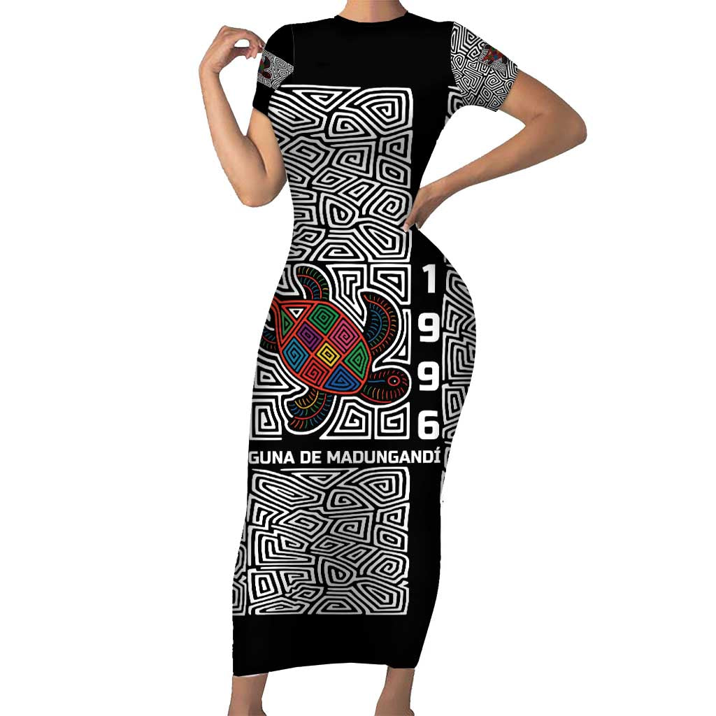 Indigenous Regions of Panama Guna de Madungandí Short Sleeve Bodycon Dress with Colorful Turtle and Black White Geometric Pattern - Wonder Print Shop