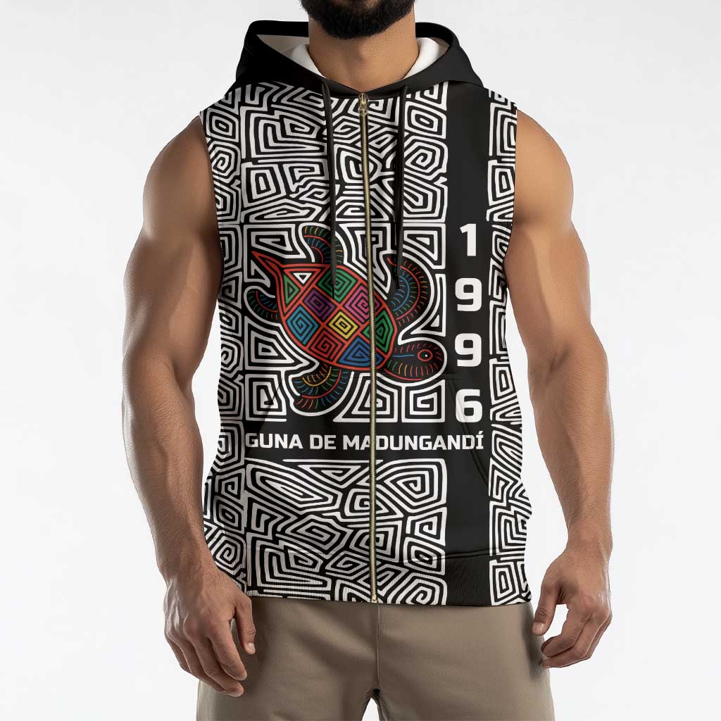 Indigenous Regions of Panama Guna de Madungandí Sleeveless Zip Hoodie with Colorful Turtle and Black White Geometric Pattern - Wonder Print Shop