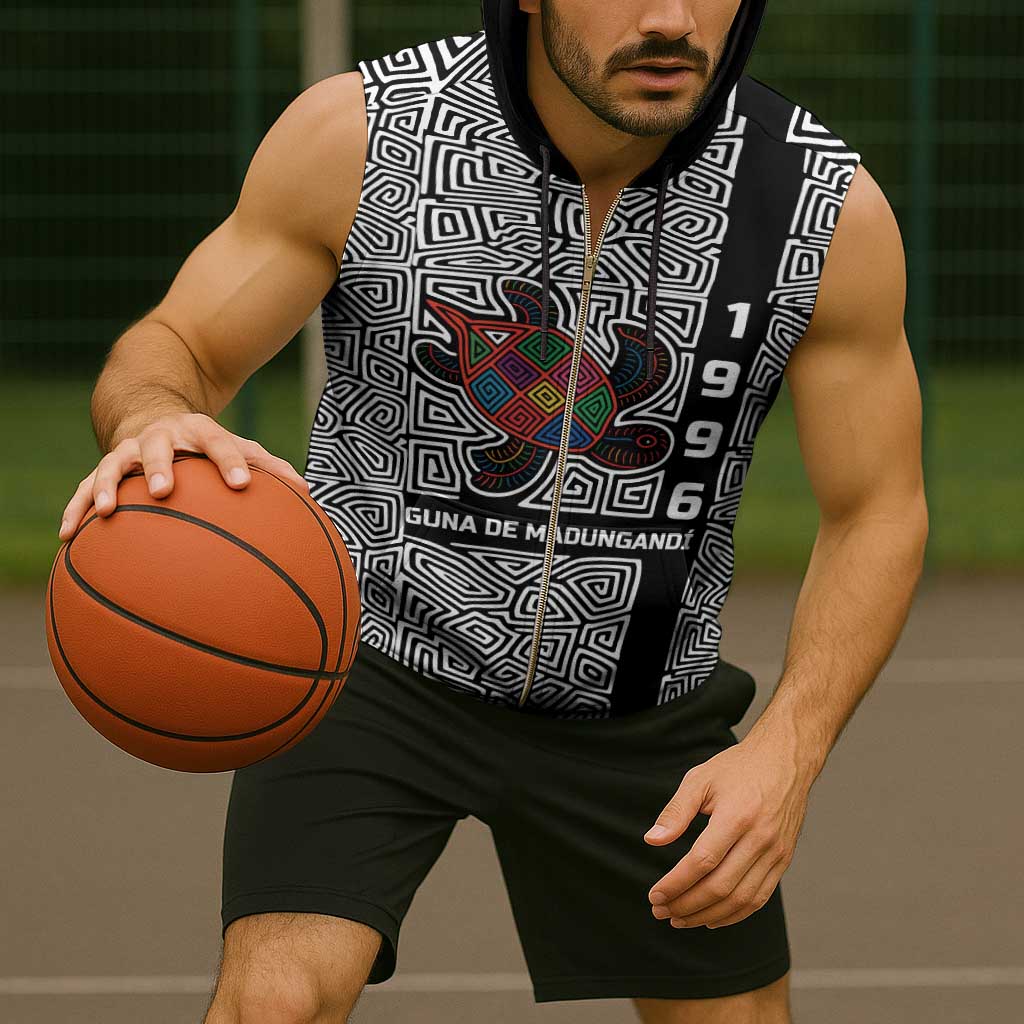 Indigenous Regions of Panama Guna de Madungandí Sleeveless Zip Hoodie with Colorful Turtle and Black White Geometric Pattern - Wonder Print Shop
