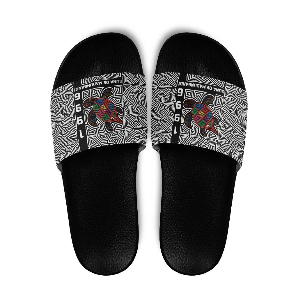 Indigenous Regions of Panama Guna de Madungandí Slide Sandals with Colorful Turtle and Black White Geometric Pattern - Wonder Print Shop