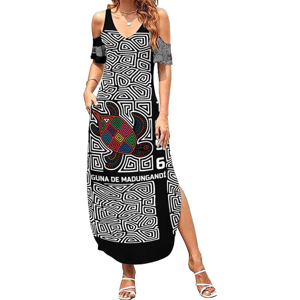 Indigenous Regions of Panama Guna de Madungandí Summer Maxi Dress with Colorful Turtle and Black White Geometric Pattern - Wonder Print Shop