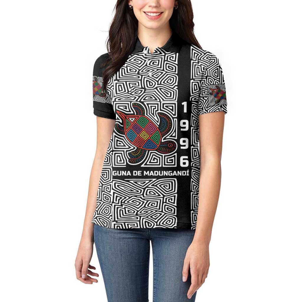 Indigenous Regions of Panama Guna de Madungandí Women Polo Shirt with Colorful Turtle and Black White Geometric Pattern - Wonder Print Shop