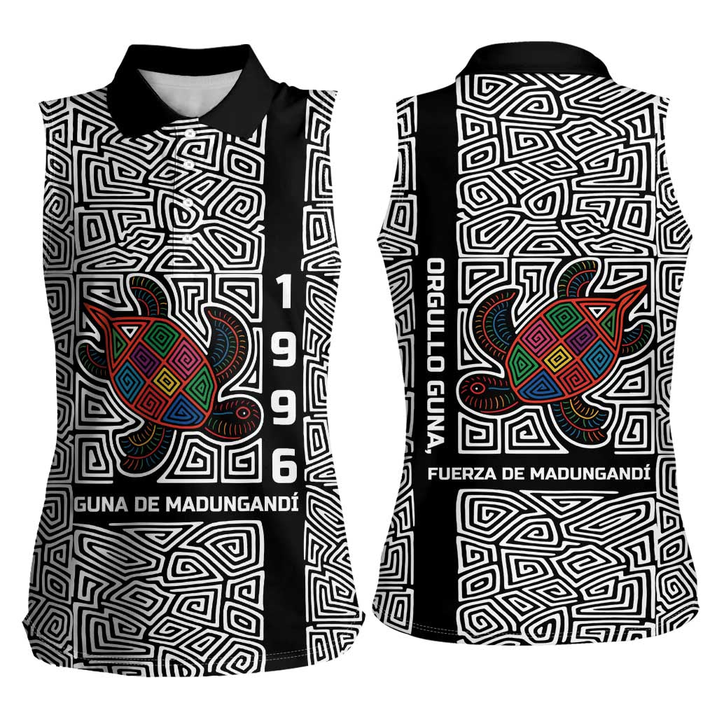 Indigenous Regions of Panama Guna de Madungandí Women Sleeveless Polo Shirt with Colorful Turtle and Black White Geometric Pattern - Wonder Print Shop