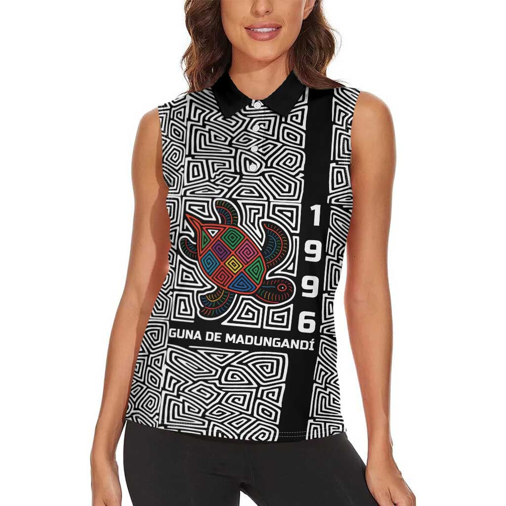 Indigenous Regions of Panama Guna de Madungandí Women Sleeveless Polo Shirt with Colorful Turtle and Black White Geometric Pattern - Wonder Print Shop