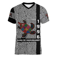 Indigenous Regions of Panama Guna de Madungandí Women V-Neck T-Shirt with Colorful Turtle and Black White Geometric Pattern - Wonder Print Shop