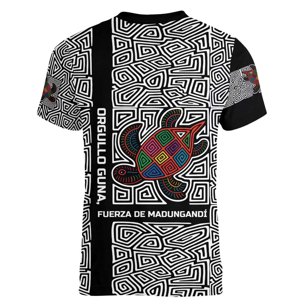 Indigenous Regions of Panama Guna de Madungandí Women V-Neck T-Shirt with Colorful Turtle and Black White Geometric Pattern - Wonder Print Shop
