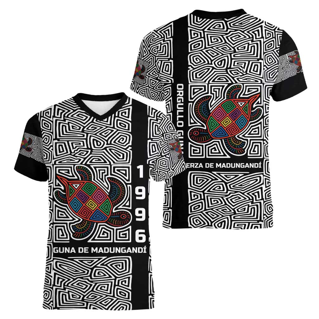 Indigenous Regions of Panama Guna de Madungandí Women V-Neck T-Shirt with Colorful Turtle and Black White Geometric Pattern - Wonder Print Shop
