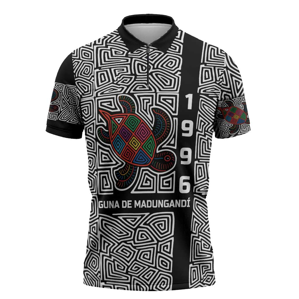 Indigenous Regions of Panama Guna de Madungandí Zipper Polo Shirt with Colorful Turtle and Black White Geometric Pattern - Wonder Print Shop