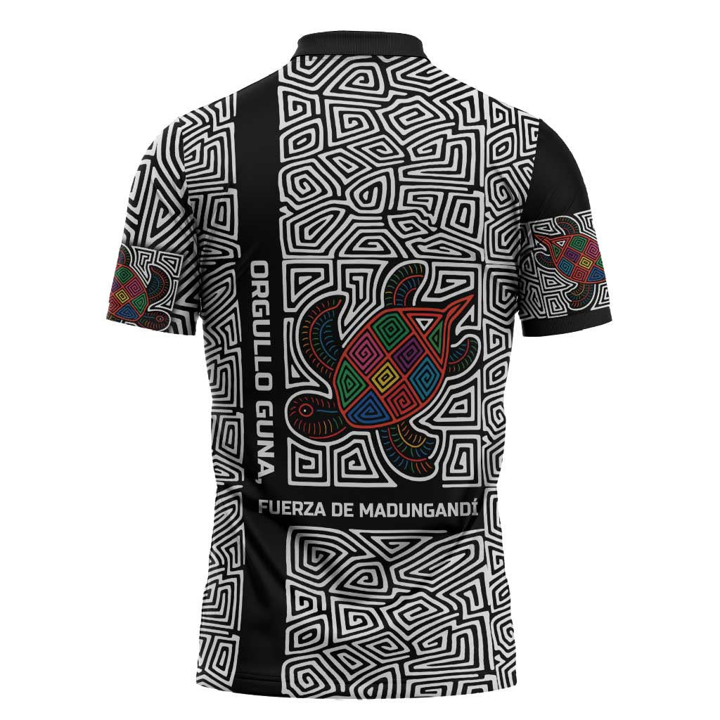 Indigenous Regions of Panama Guna de Madungandí Zipper Polo Shirt with Colorful Turtle and Black White Geometric Pattern - Wonder Print Shop