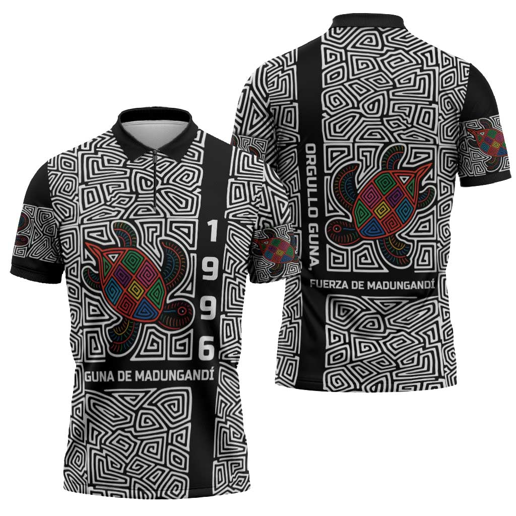 Indigenous Regions of Panama Guna de Madungandí Zipper Polo Shirt with Colorful Turtle and Black White Geometric Pattern - Wonder Print Shop