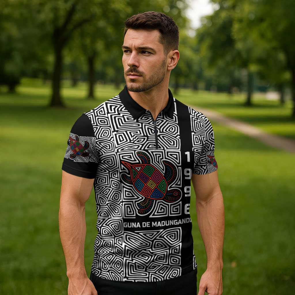 Indigenous Regions of Panama Guna de Madungandí Zipper Polo Shirt with Colorful Turtle and Black White Geometric Pattern - Wonder Print Shop