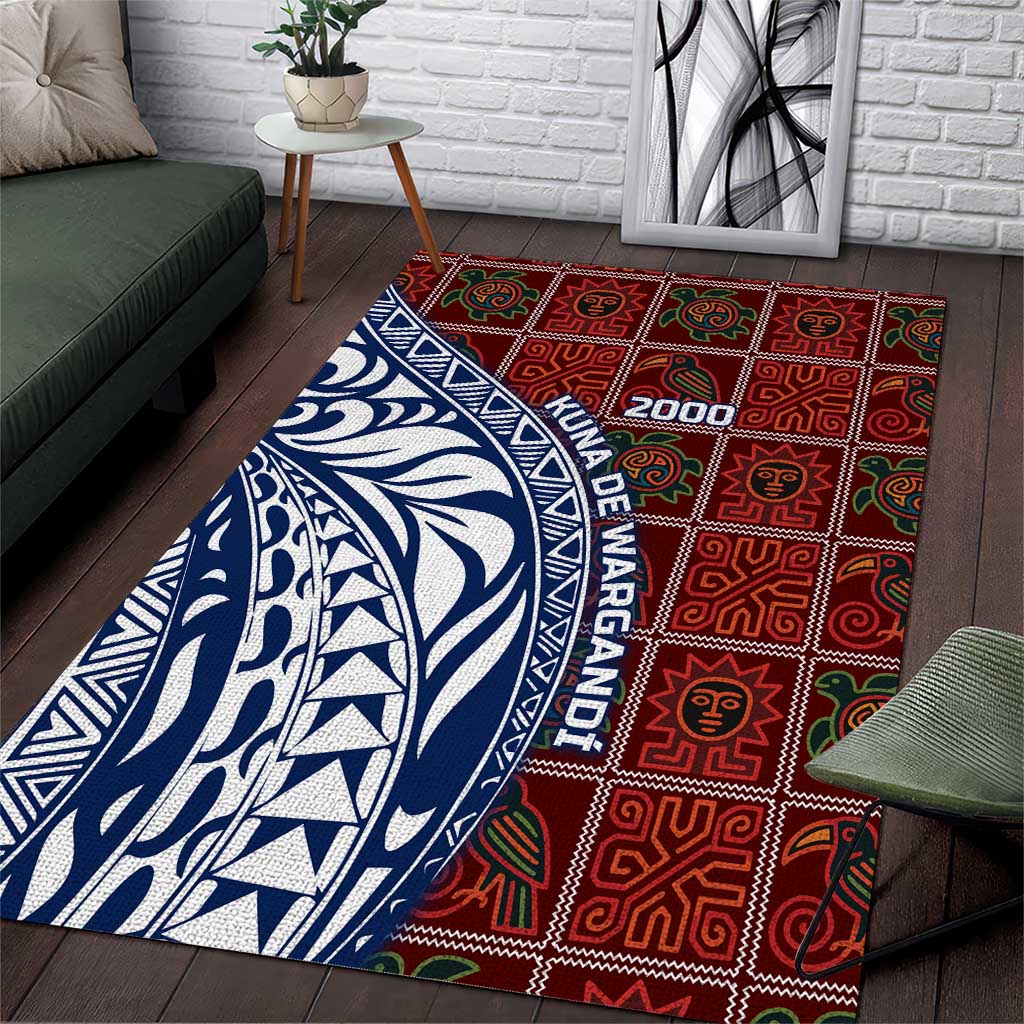 Indigenous Regions of Panama Guna de Wargandí Area Rug with Tribal Pattern and Blue White Nature and People - Wonder Print Shop