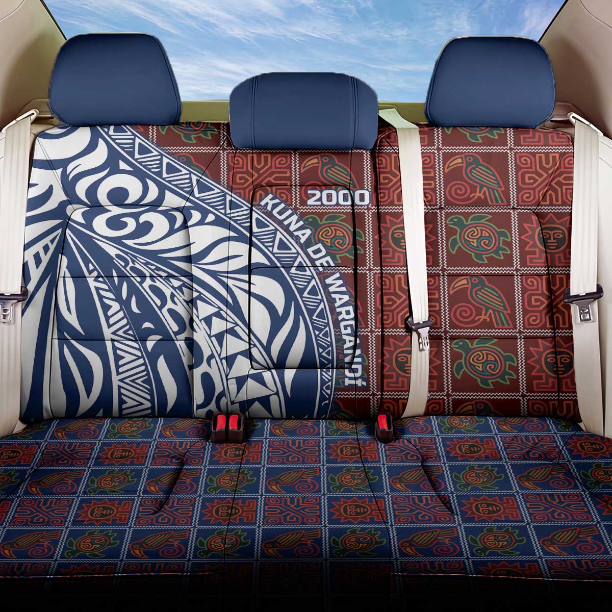 Indigenous Regions of Panama Guna de Wargandí Back Car Seat Cover with Tribal Pattern and Blue White Nature and People - Wonder Print Shop