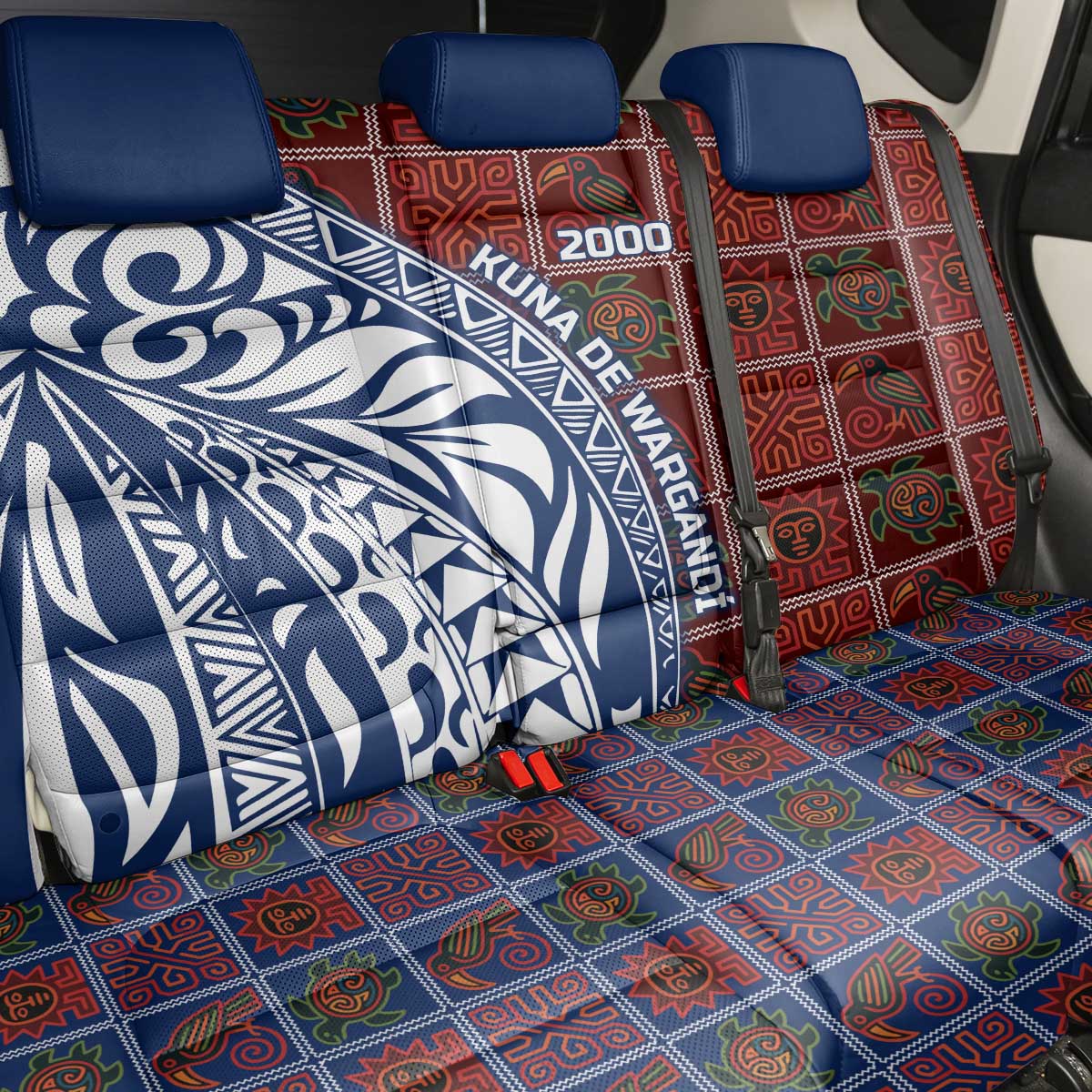 Indigenous Regions of Panama Guna de Wargandí Back Car Seat Cover with Tribal Pattern and Blue White Nature and People - Wonder Print Shop