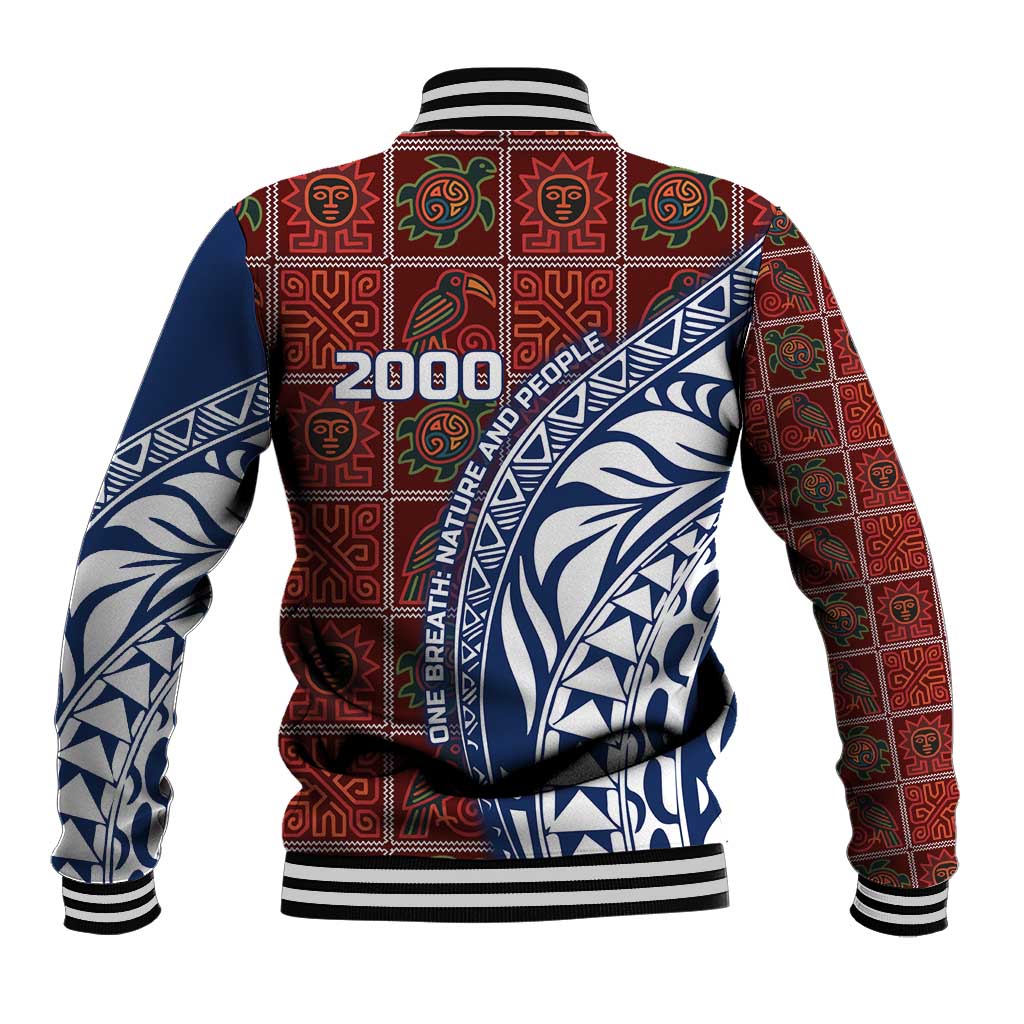 Indigenous Regions of Panama Guna de Wargandí Baseball Jacket with Tribal Pattern and Blue White Nature and People - Wonder Print Shop