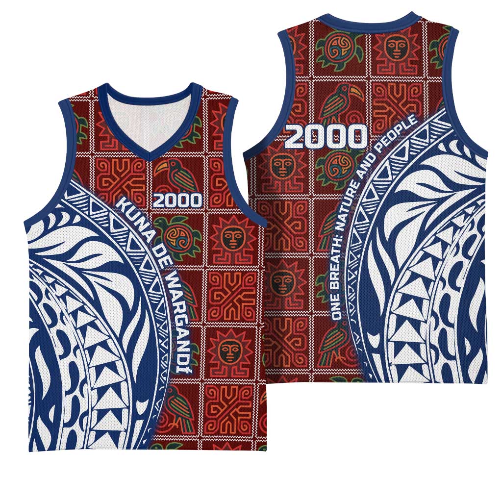 Indigenous Regions of Panama Guna de Wargandí Basketball Jersey with Tribal Pattern and Blue White Nature and People - Wonder Print Shop
