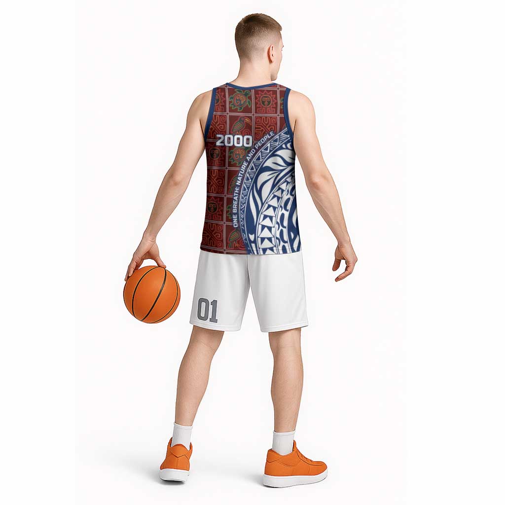 Indigenous Regions of Panama Guna de Wargandí Basketball Jersey with Tribal Pattern and Blue White Nature and People - Wonder Print Shop