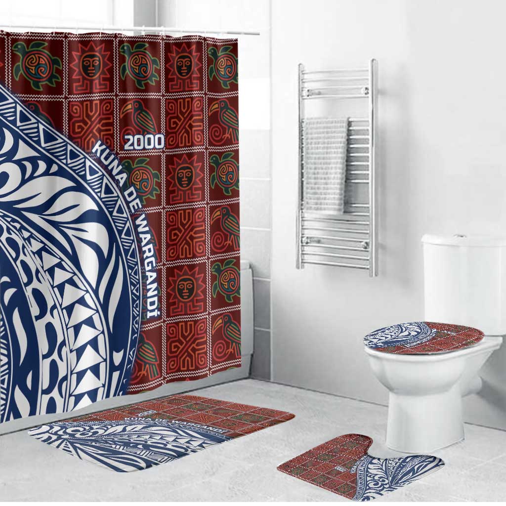 Indigenous Regions of Panama Guna de Wargandí Bathroom Set with Tribal Pattern and Blue White Nature and People - Wonder Print Shop