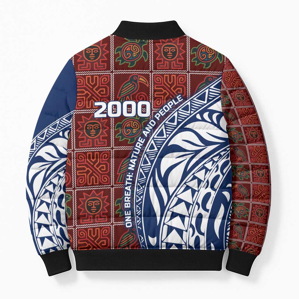Indigenous Regions of Panama Guna de Wargandí Bomber Puffer Jacket with Tribal Pattern and Blue White Nature and People - Wonder Print Shop