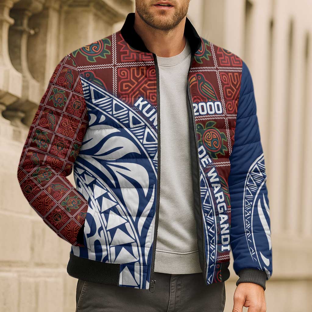 Indigenous Regions of Panama Guna de Wargandí Bomber Puffer Jacket with Tribal Pattern and Blue White Nature and People - Wonder Print Shop