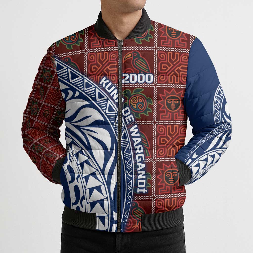Indigenous Regions of Panama Guna de Wargandí Bomber Puffer Jacket with Tribal Pattern and Blue White Nature and People - Wonder Print Shop