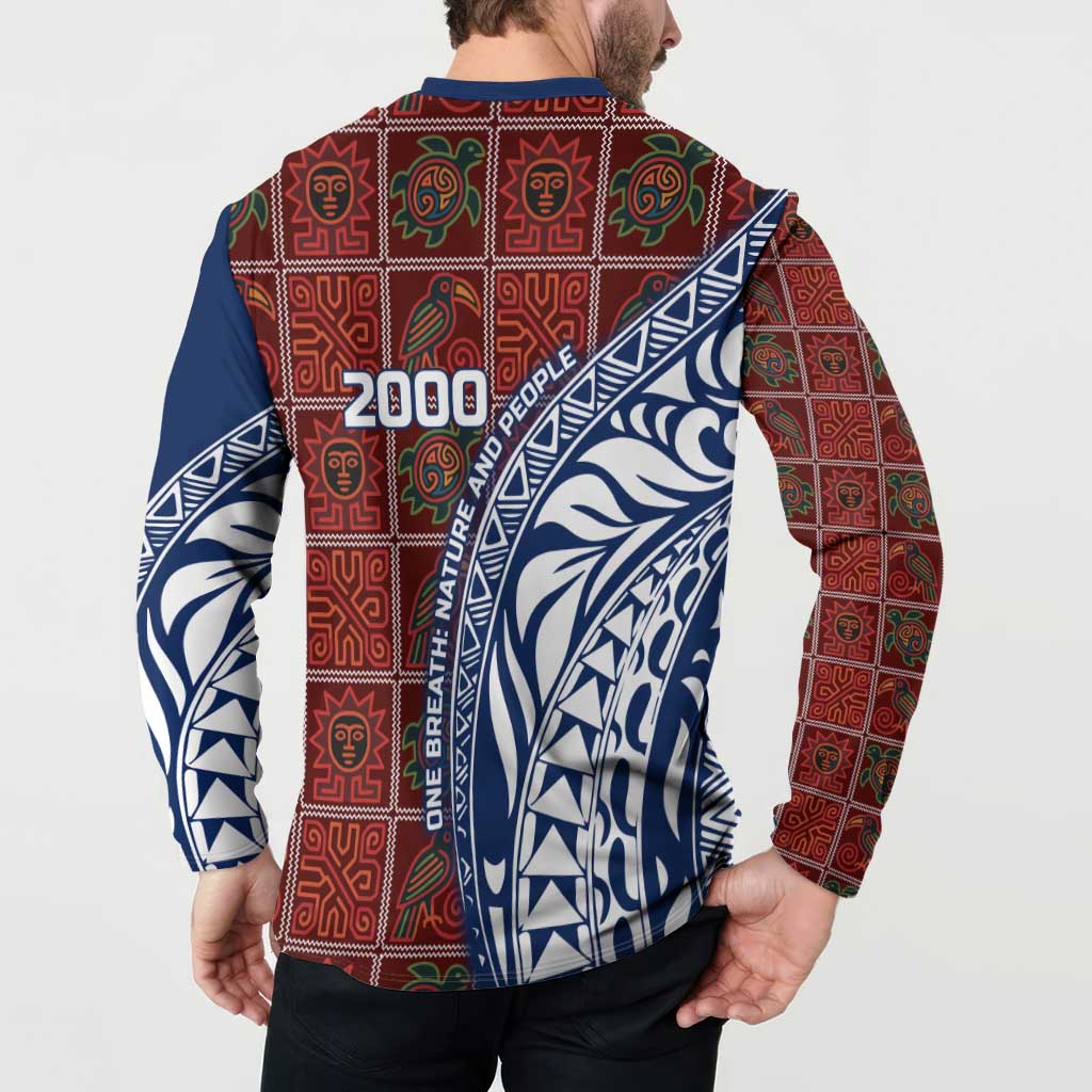 Indigenous Regions of Panama Guna de Wargandí Button Sweatshirt with Tribal Pattern and Blue White Nature and People - Wonder Print Shop