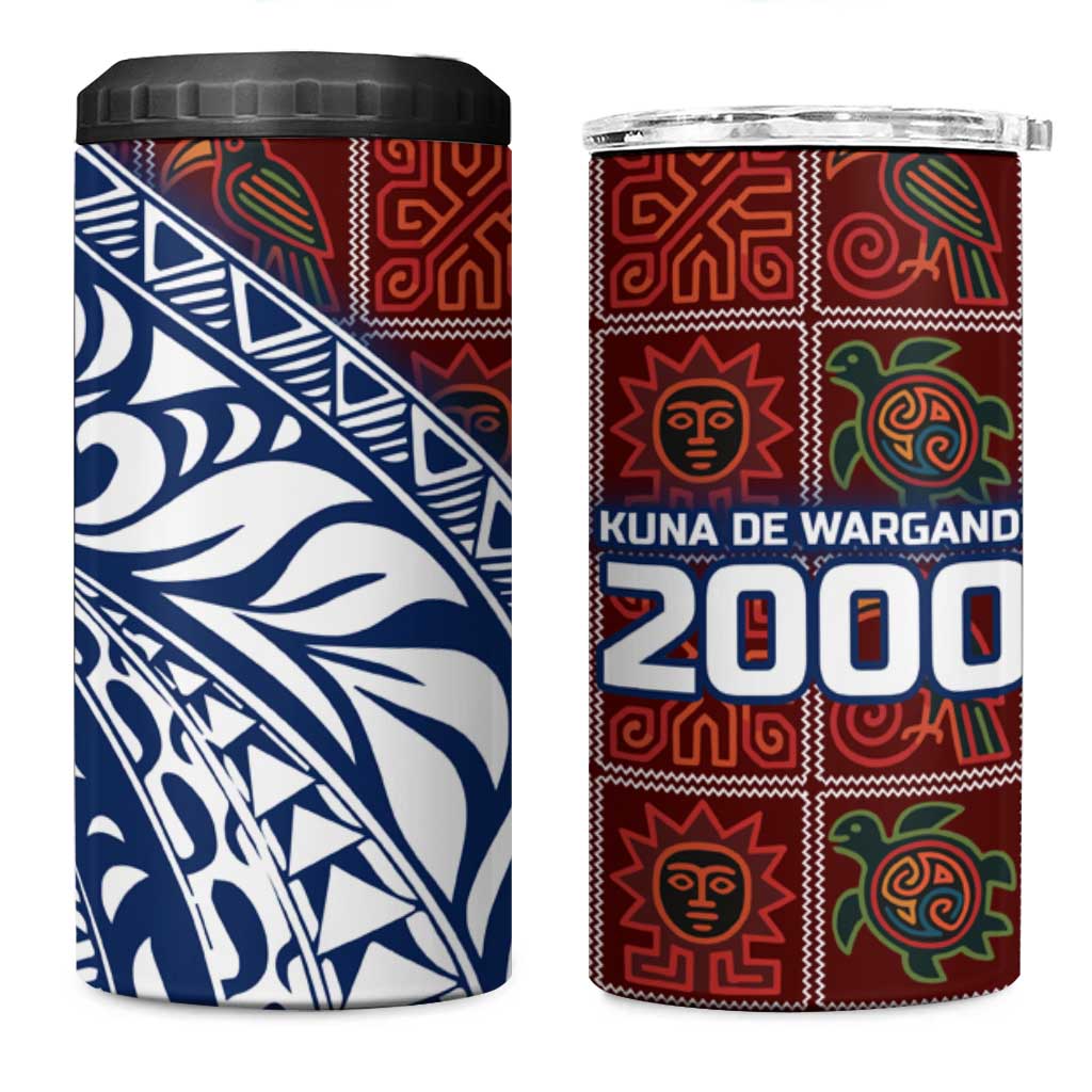 Indigenous Regions of Panama Guna de Wargandí 4 in 1 Can Cooler Tumbler with Tribal Pattern and Blue White Nature and People - Wonder Print Shop