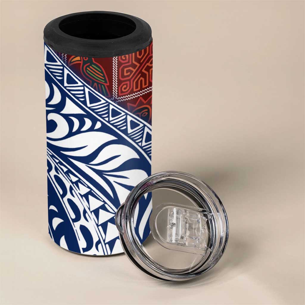 Indigenous Regions of Panama Guna de Wargandí 4 in 1 Can Cooler Tumbler with Tribal Pattern and Blue White Nature and People - Wonder Print Shop