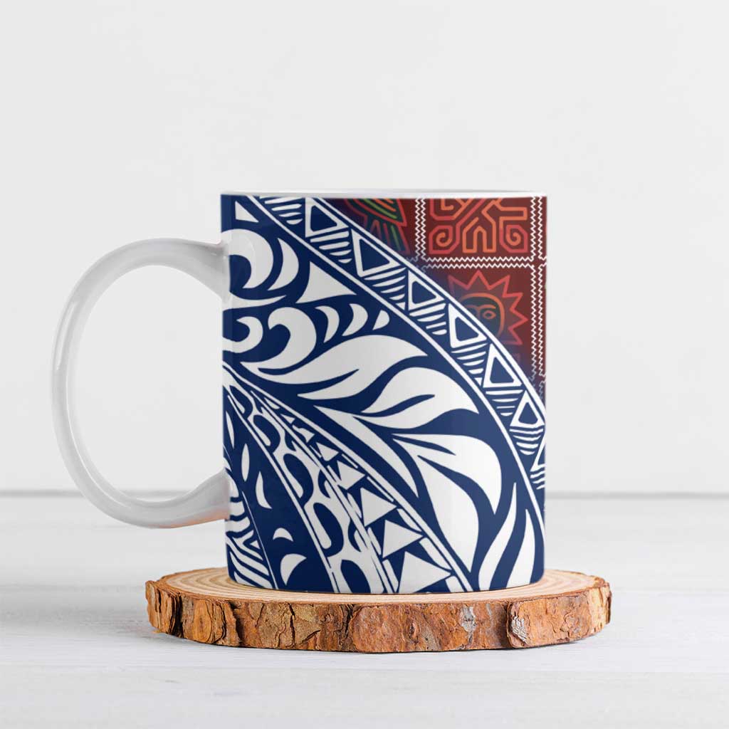 Indigenous Regions of Panama Guna de Wargandí Ceramic Mug with Tribal Pattern and Blue White Nature and People - Wonder Print Shop