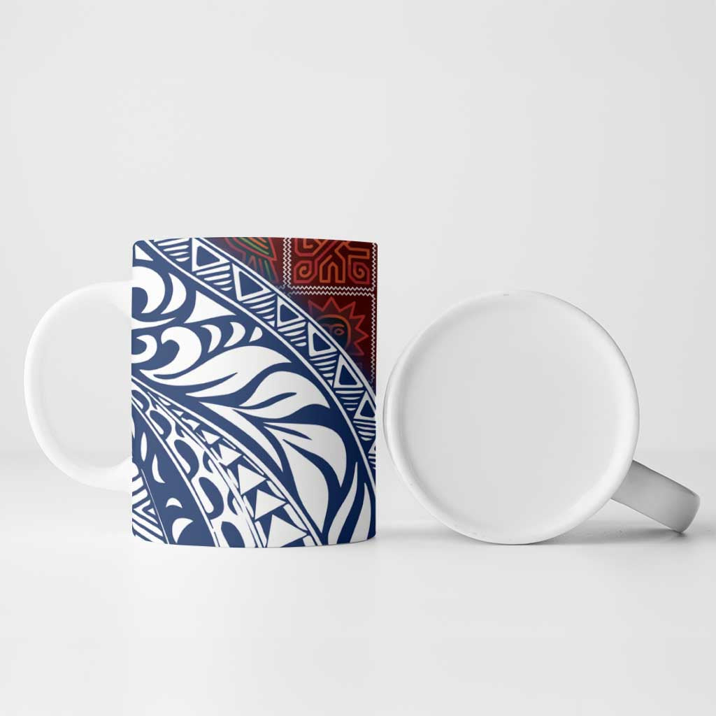 Indigenous Regions of Panama Guna de Wargandí Ceramic Mug with Tribal Pattern and Blue White Nature and People - Wonder Print Shop