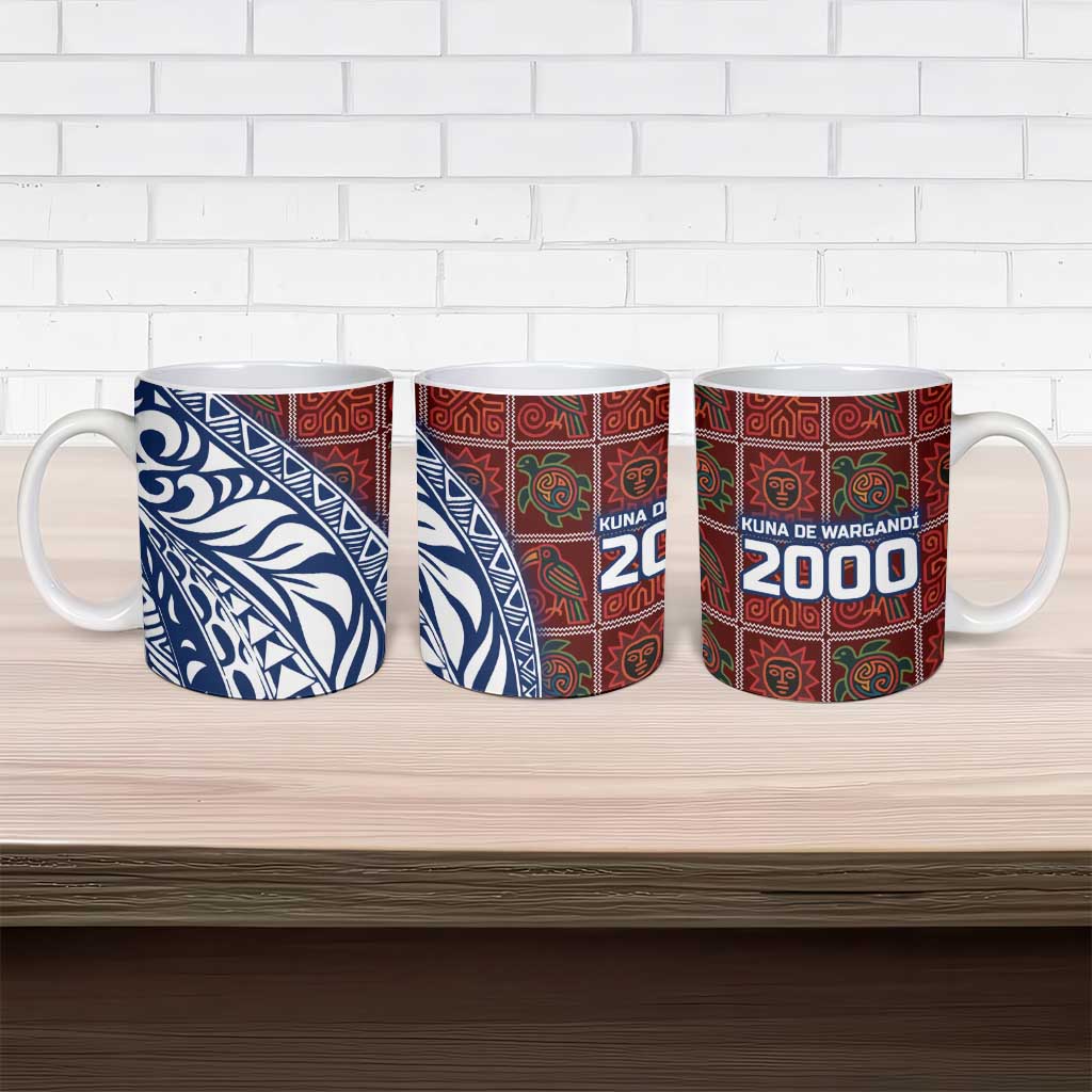 Indigenous Regions of Panama Guna de Wargandí Ceramic Mug with Tribal Pattern and Blue White Nature and People - Wonder Print Shop