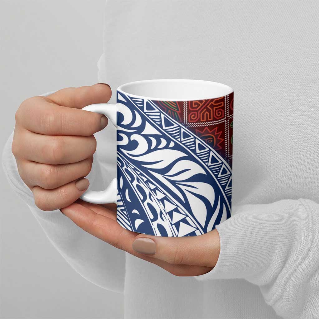 Indigenous Regions of Panama Guna de Wargandí Ceramic Mug with Tribal Pattern and Blue White Nature and People - Wonder Print Shop